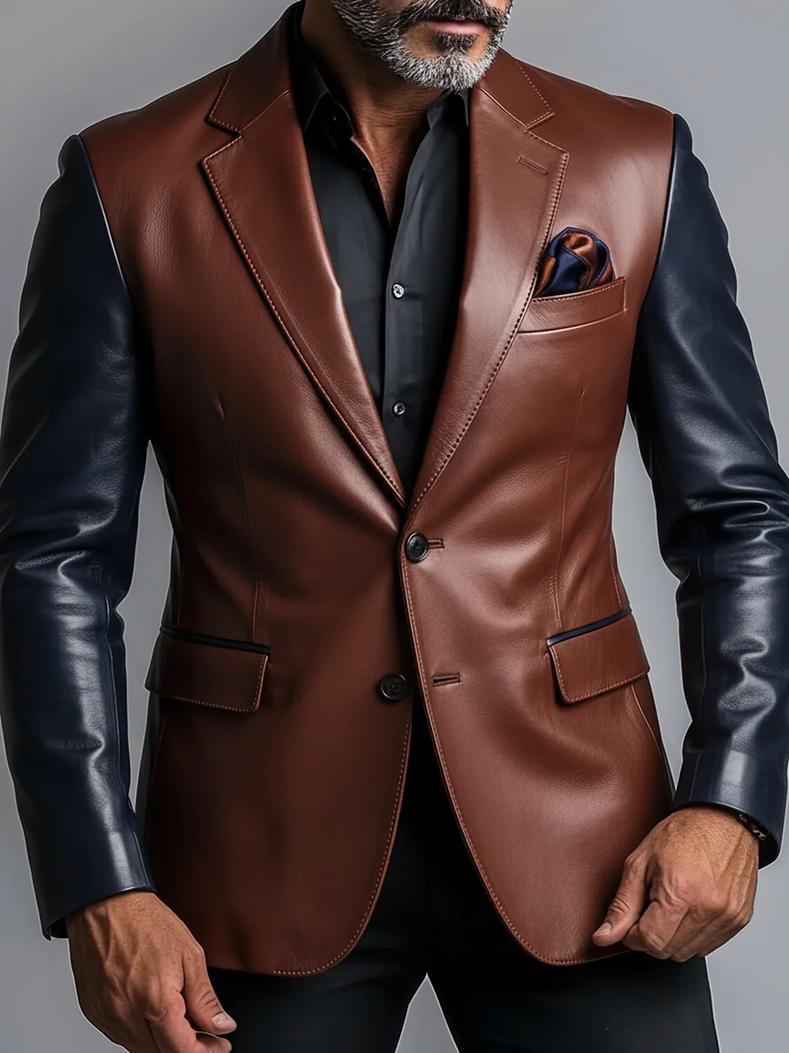 Designer Classic Men's Suit Coat PU Sleeve Splicing Notched Lapel Tuxedos Peaked Breasted Groom Wear Business Party Blazer