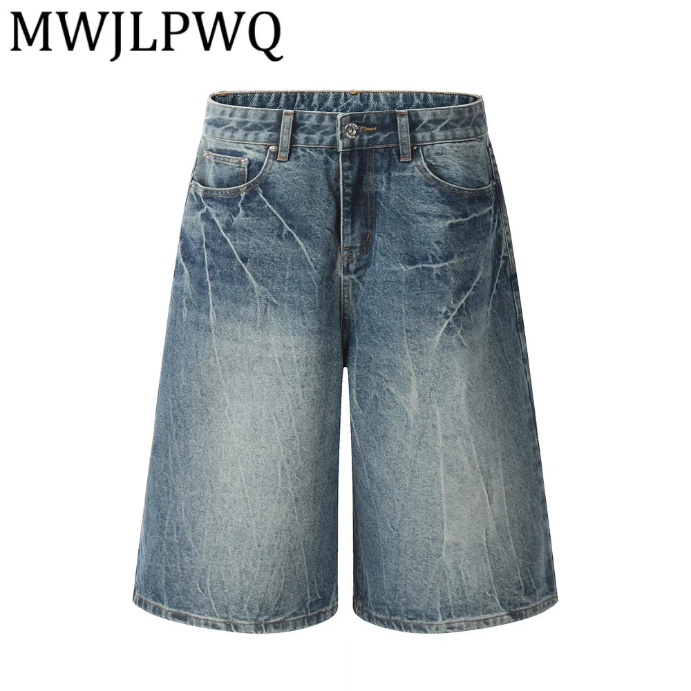 

MWJLPWQ потертые джинсовые брюки средней длины с пятью точками, мужские винтажные повседневные универсальные свободные широкие шорты-карго в стиле панк, уличные 12326