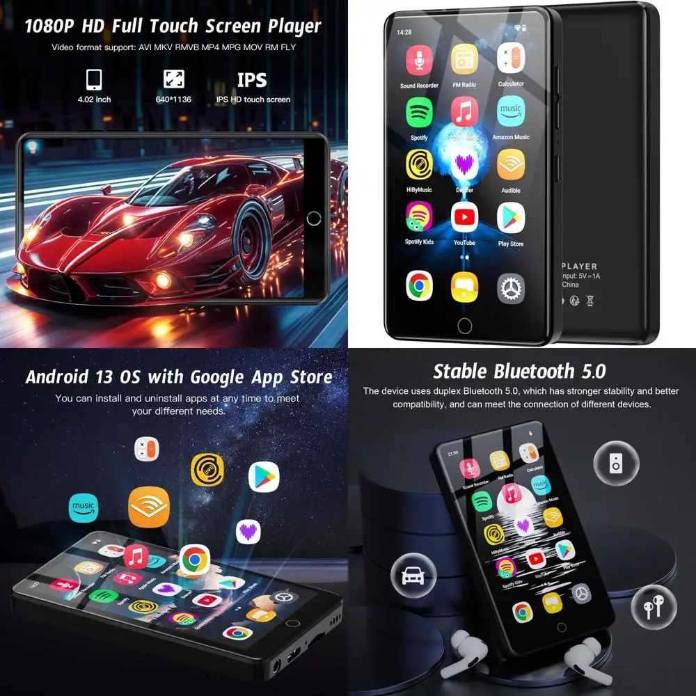 

96GB Android 13 MP3 Player with Bluetooth and WiFi, 4.02" IPS HD Touch Screen MP4 Player with Speakers, Music Player for Kids, A