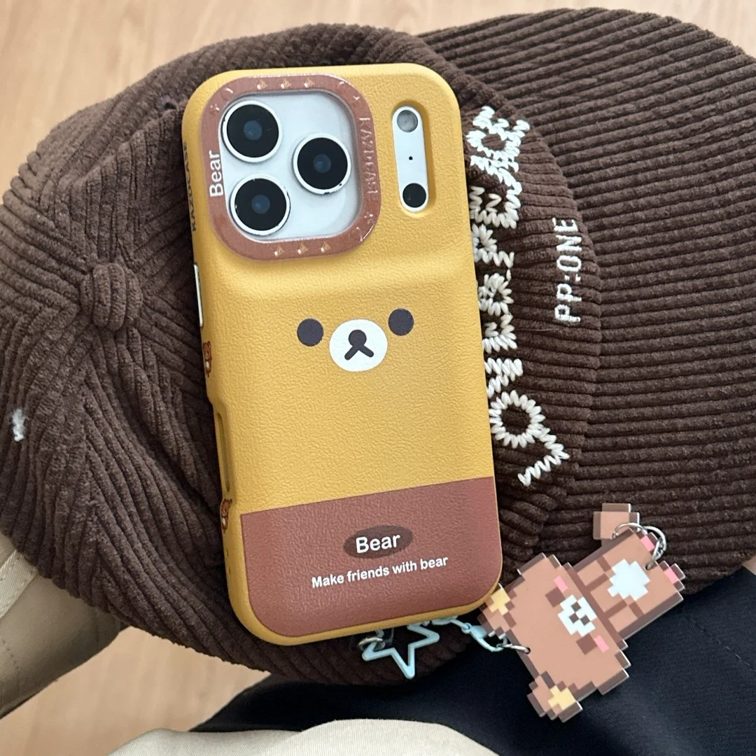 

Japan Korean INS Style Cute Cartoon Bear pendant Phone Case For iPhone 17 16 15 14 13 Pro Max Plus MINI Y2K Luxury leather Cover