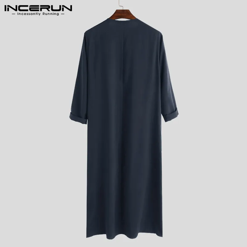 INCERUN jubah Abaya lengan panjang pria, pakaian Kaftan Arab Muslim warna polos, Gaun Arab Saudi, Jubba Thobe, pakaian pria S-5XL