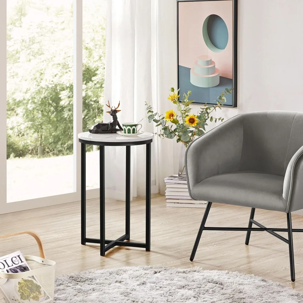 Mesa moderna com detalhes em mármore falso, mesa lateral redonda de 16 polegadas com base X e pernas de metal resistentes para sala de estar