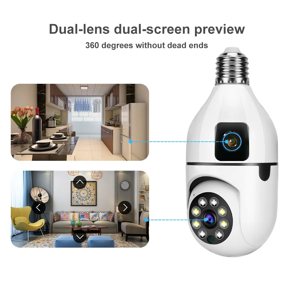 V380 HD 1MP WiFi Light Bulb Camera with Dual-Lens Pan Tilt Night Vision Two-Way Talk Indoor Wireless Motion Detection System