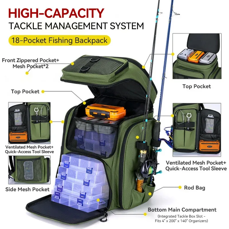 

50L Fishing Backpack with Rod Holders Large Water-Resistant Fishing Tackle Bag Store Fishing Gear Lure Organizer Storage Bagpack