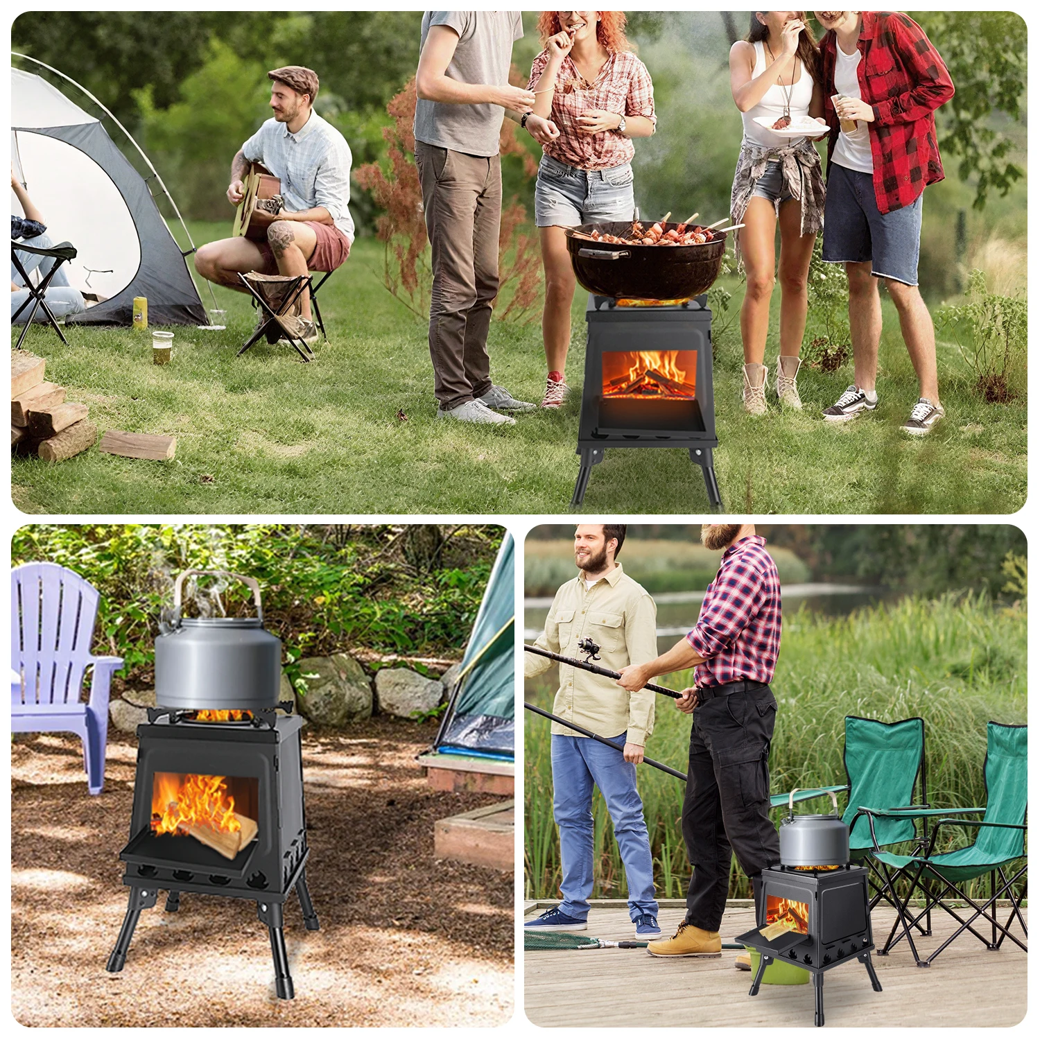 Faltbarer Campingkocher Überlebenskocher Vielseitiger Outdoor-Campingkocher mit Verstellbaren Topfhaltern Holzofen Kochwerkzeug