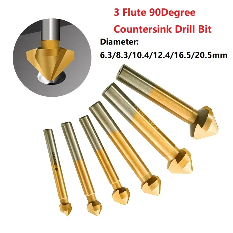 Chamfering Tools Countersunk Drill Plating 1 Pcs 3 Flute 6.3 8.3 10.4 12.4 16.5 20.5mm 90 Degree Chamfer Cutter