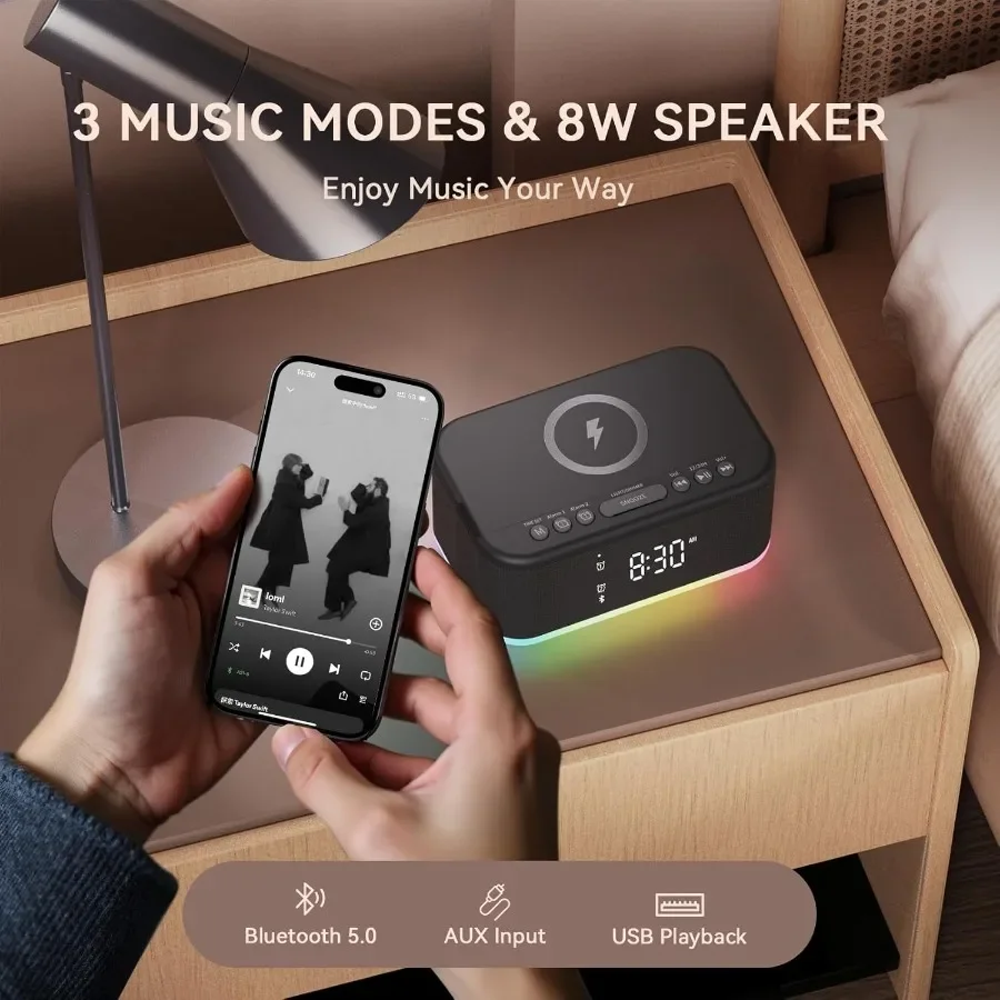 شحن لاسلكي ساعة تنبيه غرفة نوم بصوت عال منبهات رقمية غرف نوم ساعة تنبيه ضوء الليل المتكلم 8 واط غفوة إنذار مزدوج 1