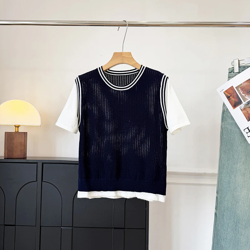 

Casual Versatile Hollow out Fake Two-Piece Knitted Top T-Shirt Layering Friendly All-Season Women's round Neck Short Sleeve