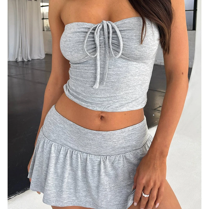 Women Summer y2k Solid 2 Piece Outfits Sleeveless Backless Drawstring Crop Tops Bodycon Mini Skirts Party Club Vacation Outfits