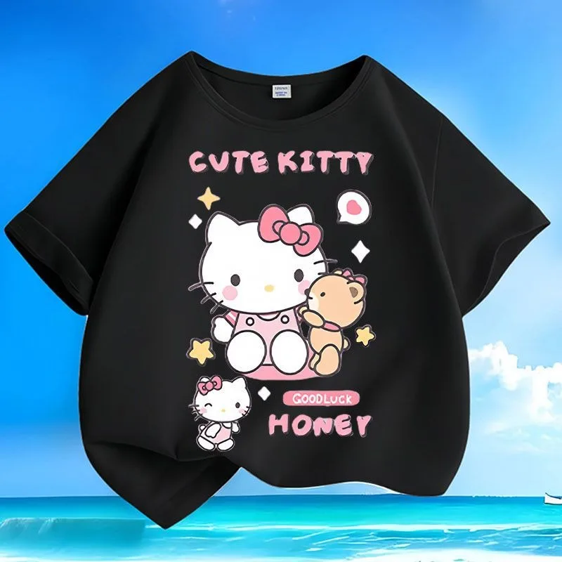 

Летняя детская футболка с принтом Hello Kitty, свободный детский топ с круглым вырезом, из чистого хлопка, с короткими рукавами, для родителей и детей