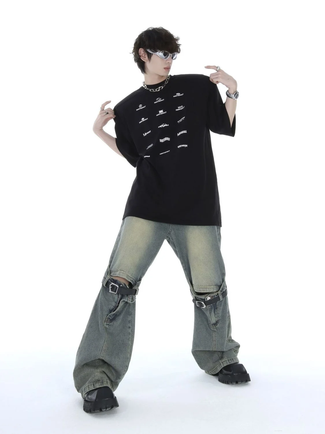 Hole Jeans Men And Women's Wide Leg Pants High Street Inset Stitching Design Casual And Versatile Denim Trousers