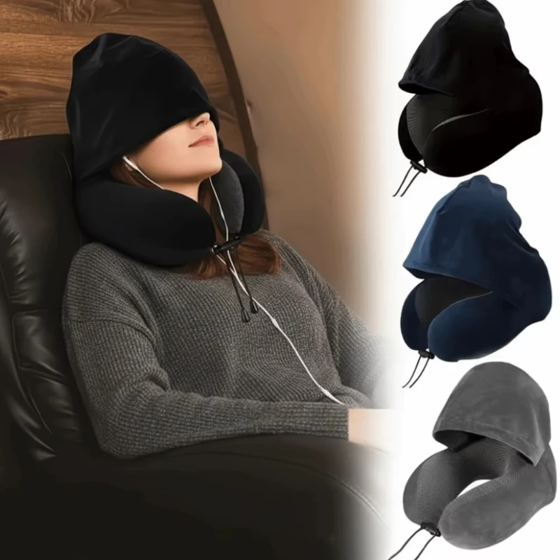 Removable Travel Neck Pillow Washable Cover Adjustable U-shaped Pillow With Cap Comfortable With Storage Bag Hooded Pillow