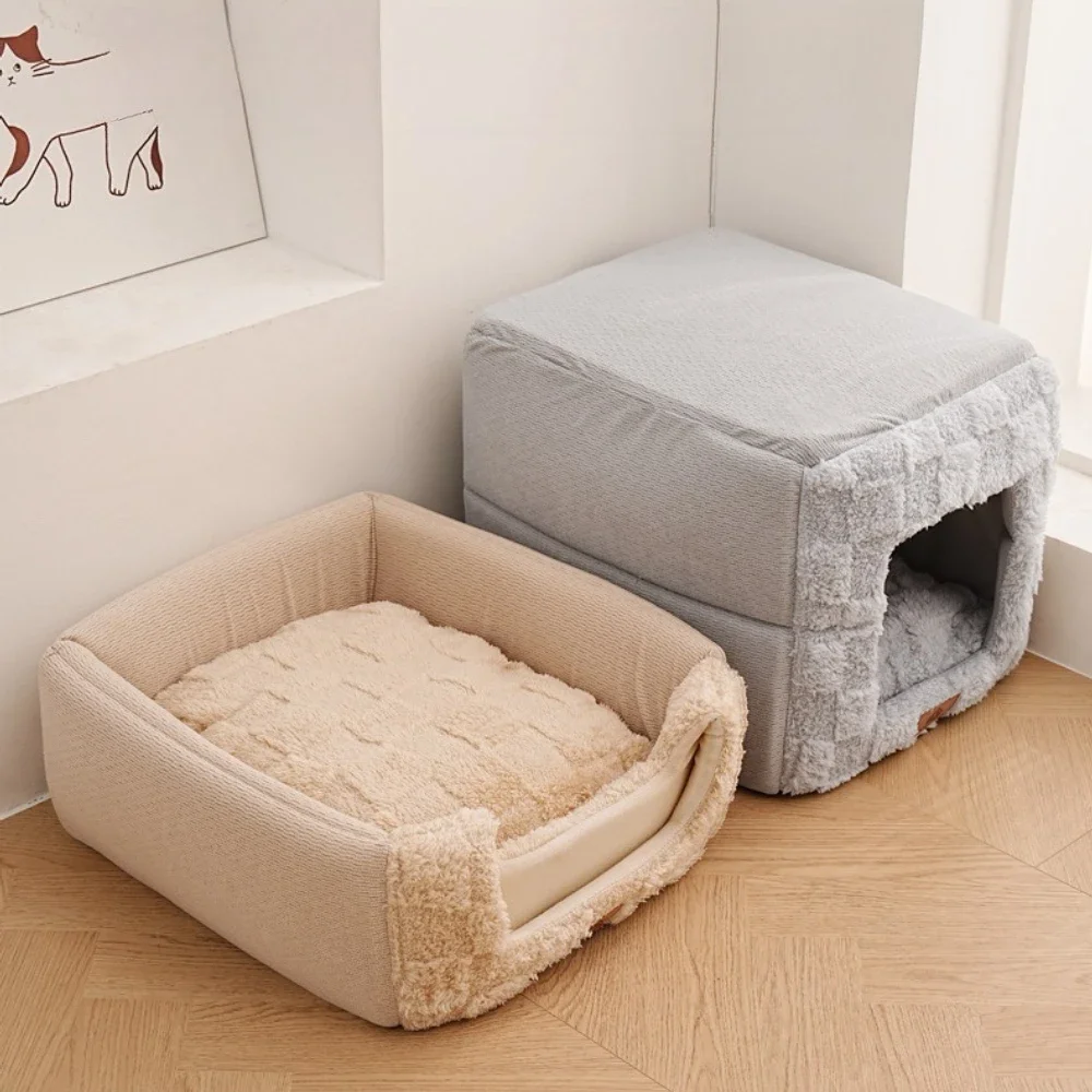 Foldable Enclosed Cat Bed Warm Plush Pet House Portable Warm Square Detachable CatNest Home Indoor Pet Rest Cat Accessories Gift