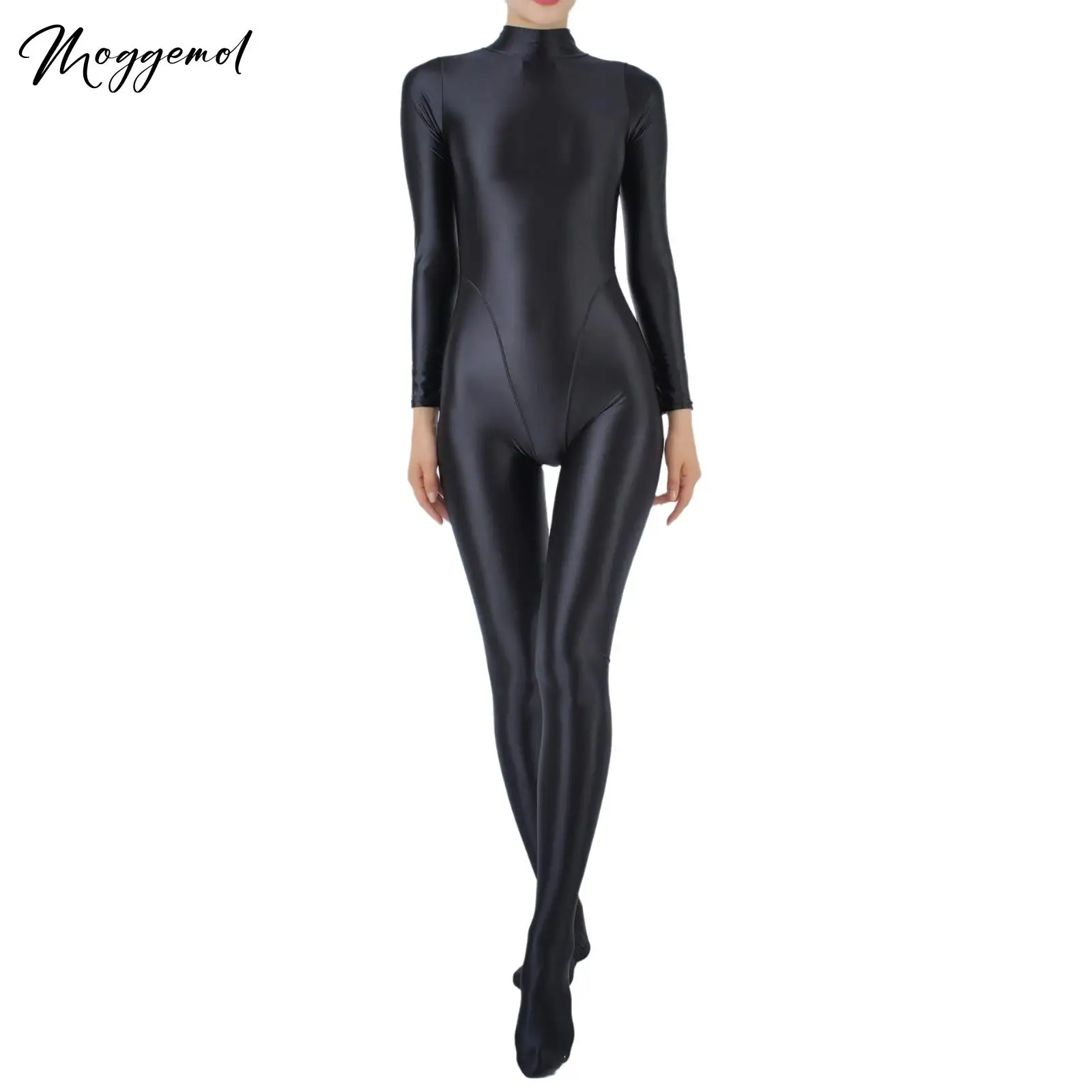 Damskie błyszczące body Bodystocking z długim rękawem jednoczęściowy Bodycon kombinezon klubowy rajstopy rajstopy kombinezony do tańca na rurze