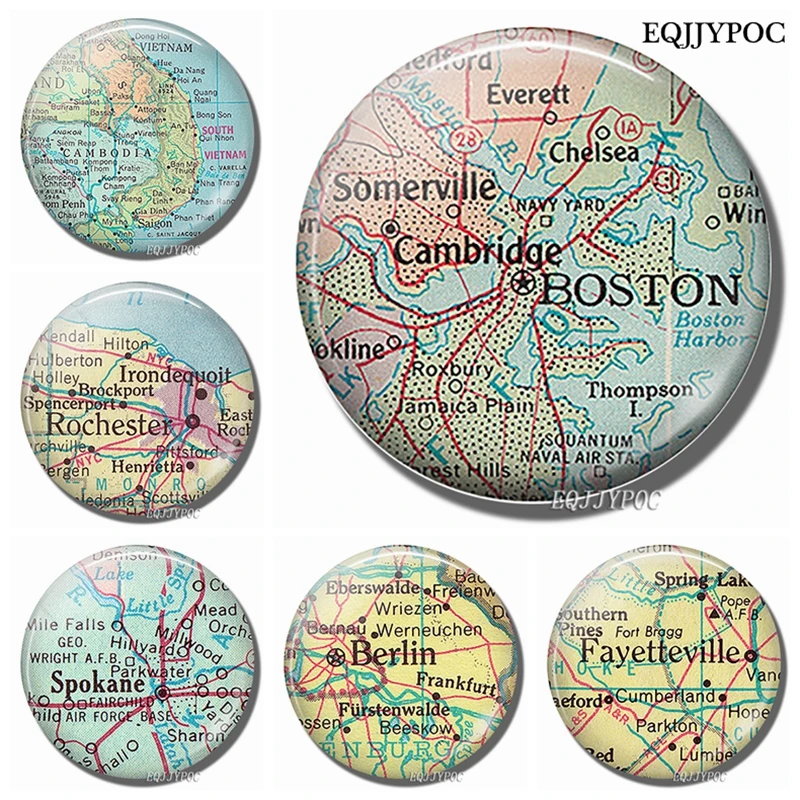 Rochester Cambodia Fayetteville Spokane Boston Map 30 MM Fridge Magnet Cambridge Travel Map Glass Magnetic Refrigerator Stickers