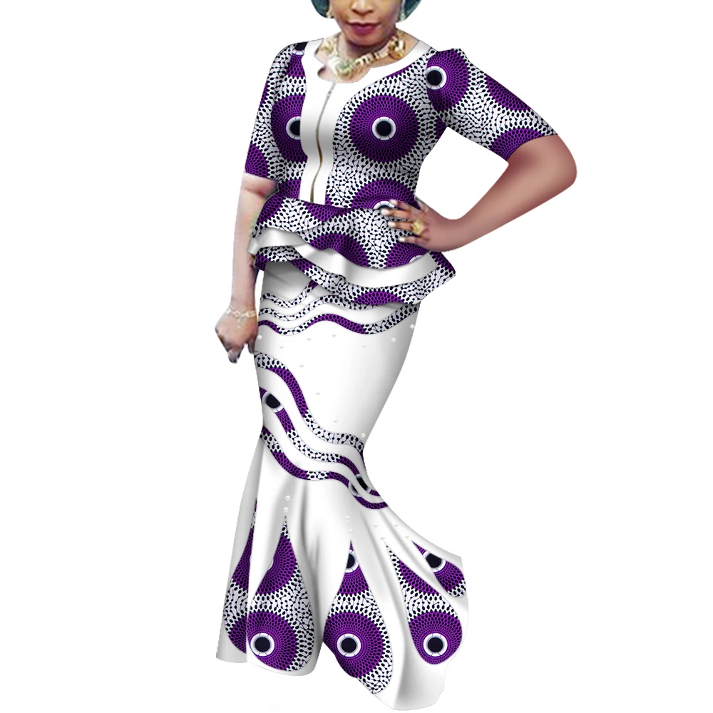 African Short Sleeve Print Tops and Skirt Sets for Women Ankara Wax African Clothing 2 Pieces Customize Skirts Sets WY7362