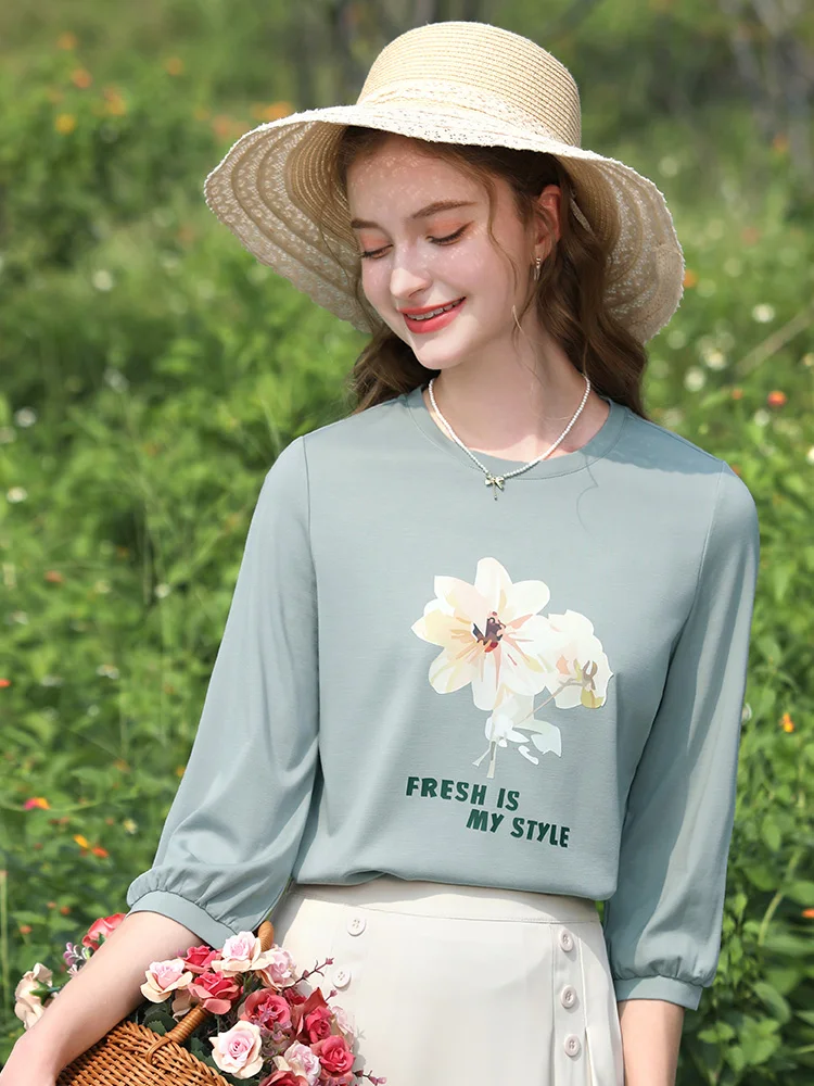 I BELIEVE YOU Puff Sleeve Printed Women T-shirts 2024 Spring New Slim O-Neck Office Lady Basics Female Trendy Tops 2241015498