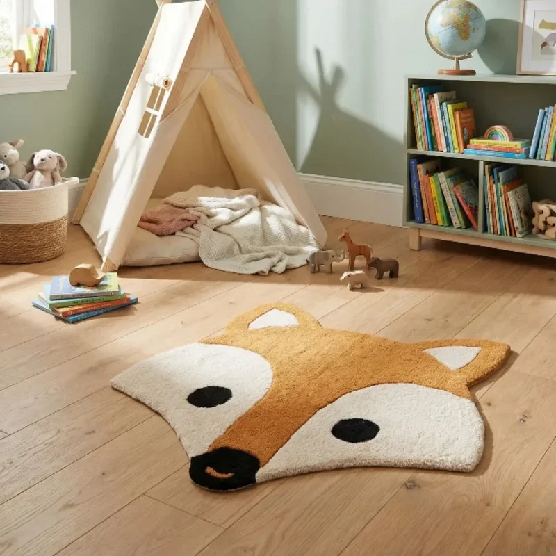 80x80cm Faux Cashmere Animal Fox Rug Soft Thick Non Slip Floor Mat Living Room Bedroom Kids Room Cute Kawaii Room Decor