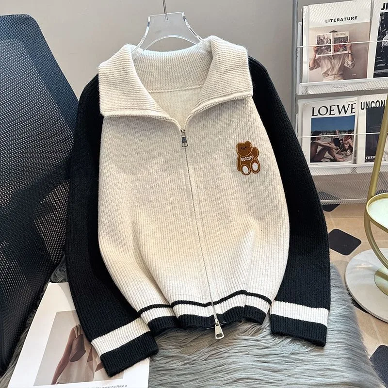 Cute Bear Embroidery Knitted Cardigan for Girls Zip Up Stand Collar Warm Winter Jackets Women Kawaii Cartoon Jumper Japanese Y2K