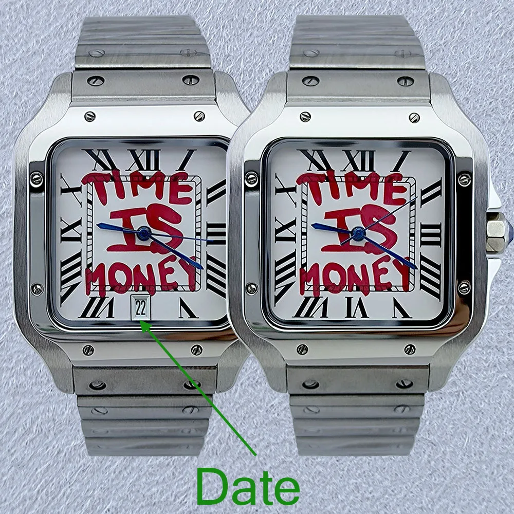 NH35 Square Watch Time Is Money Men's Automatic Watch Roma Case Folding Buckle Bracelet NH35 NH36 Movement Watch