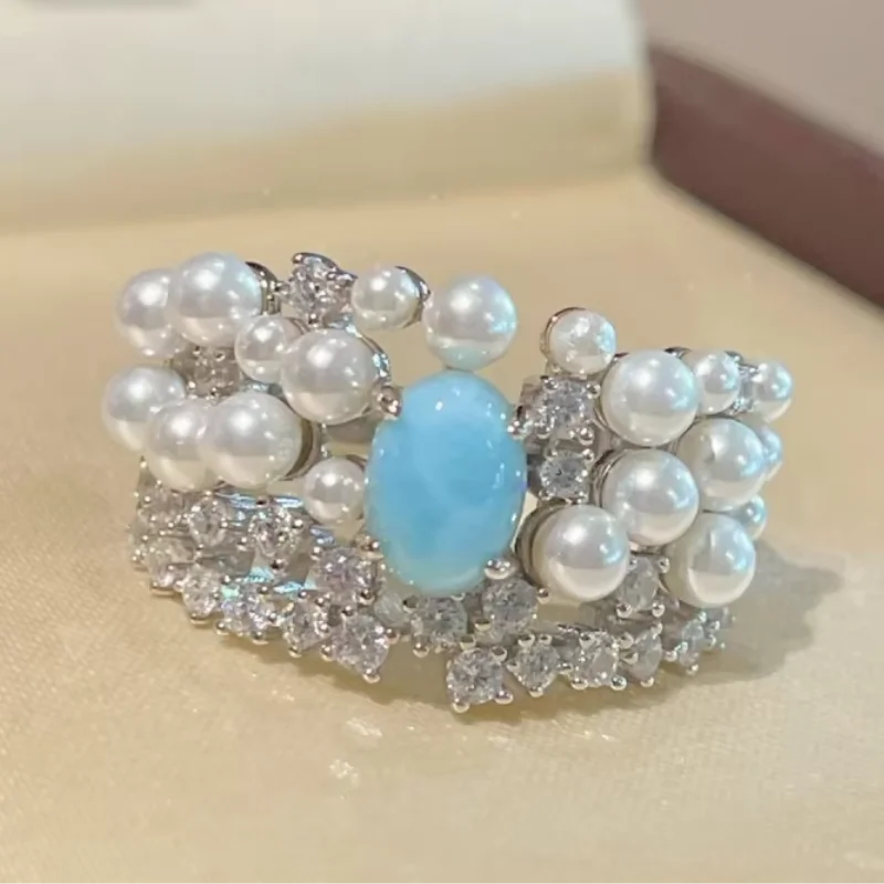 

BELLUX 925 Silver Gold Plated Fine Blue Larimar Gemstone Oval Small Round Pearl Ring Women's Fashion Jewelry