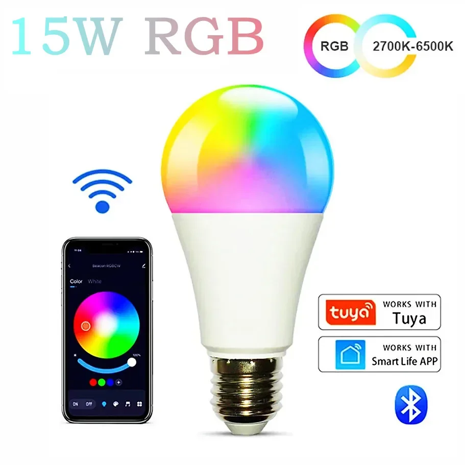 

E27 Bulb Wireless Bluetooth 4.0 Smart Tuya APP Control Dimmable 15W E27 RGB+CW+WW LED Color Change Lamp Compatible IOS/Android