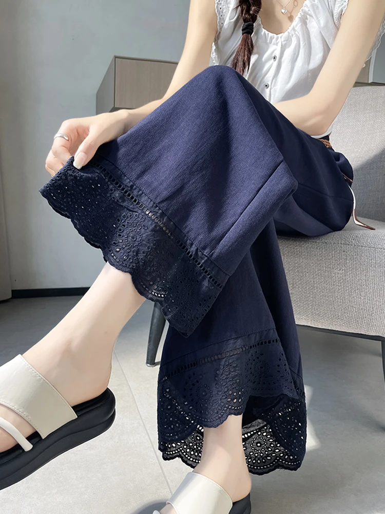 

Широкие брюки с кружевной отделкой и высокой талией, женские летние тонкие шелковые брюки с защитой от солнца, шарф, спортивные брюки Qui Dry