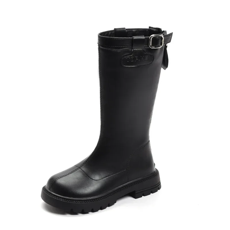 Nova menina botas de inverno fundo grosso crianças botas de algodão cor sólida preto crianças causal botas longas passarela versátil dedo do pé redondo