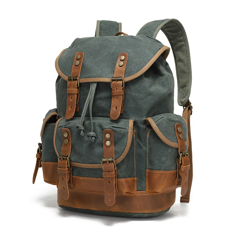 Waxed Canvas Backpack Men\'s outdoor shoulder casual student bag large capacity travel backpack canvas leather climbing bag