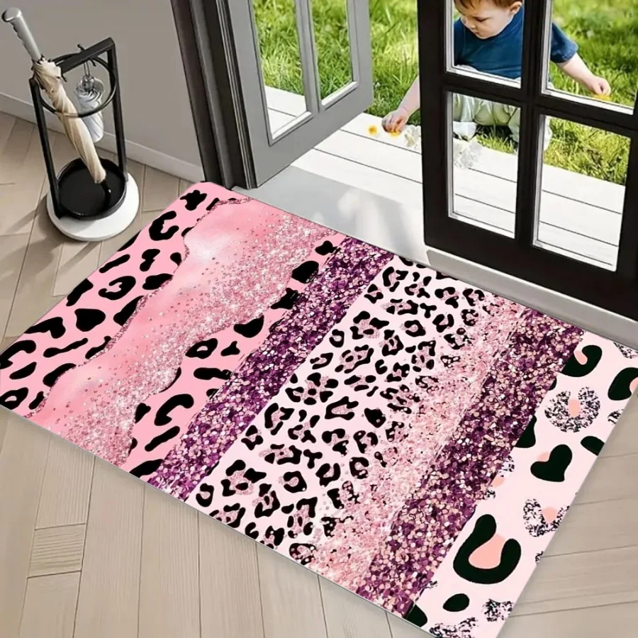 Pink Purple Leopard Glitter Print Area Rug Modern Patchwork Floor Mat Anti‑Slip Soft Carpet for Entrance Door Living Room Bedroo