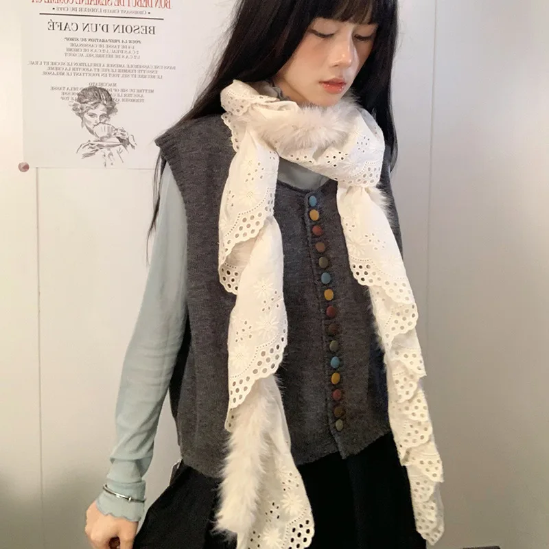 Shibuya هوتي ريترو الدانتيل أفخم وشاح Y2K الكورية Ins الحلو نمط الفراء وشاح دافئ جميل لطيف الدانتيل في الهواء الطلق يؤرخ وشاح #2