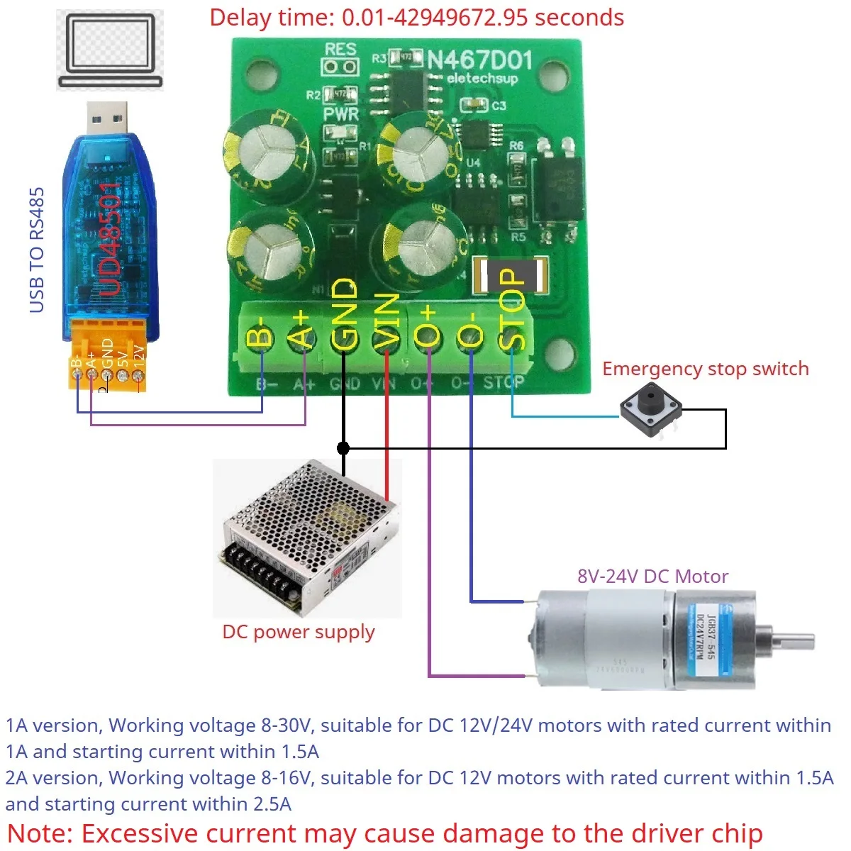 DC 8-30V Small Linear Geared Motor Driver Forward Reverse Stop Delay Timer Controller RS485 PLC IO