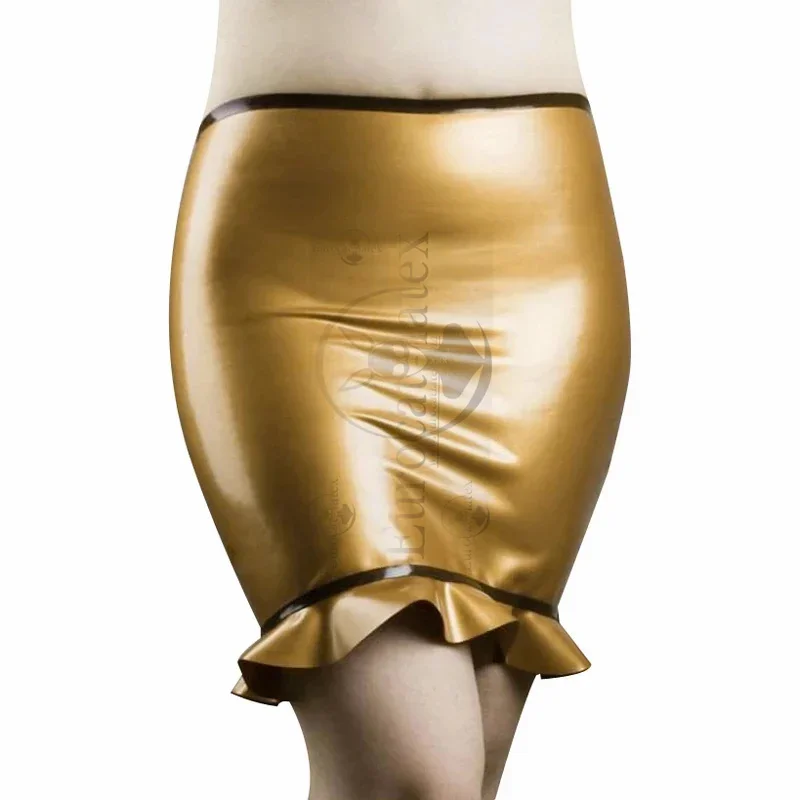 

customized Metallic Golden And Black Trims Mini Sexy Latex Skirts With Ruffles Rubber Bottoms cosplay clubwear