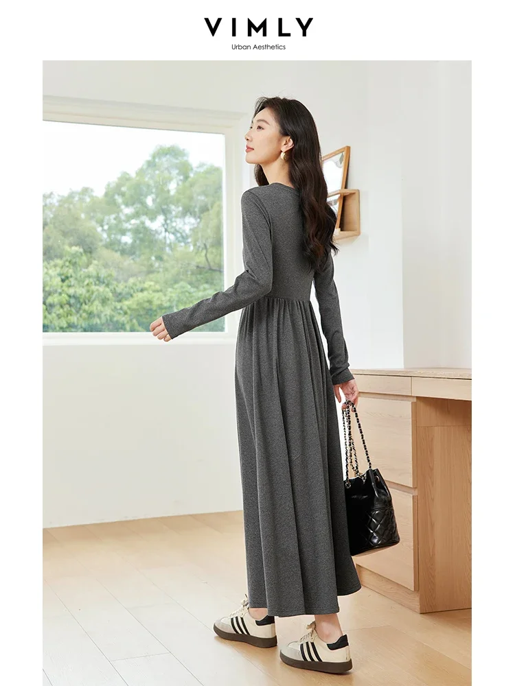 VIMLY Women\'s Casual Commuter Dress Autumn Female Solid Versatile o-Neck Knit Sweater Dress Elegant Knitwear Bottom Long Dress