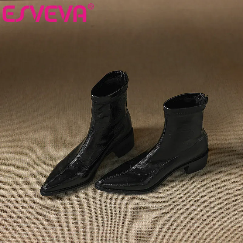 

ESVEVA 2025 осенне-зимние короткие женские сапоги на квадратном каблуке с острым носком, модные и универсальные ботинки на среднем каблуке, размеры: 34-42