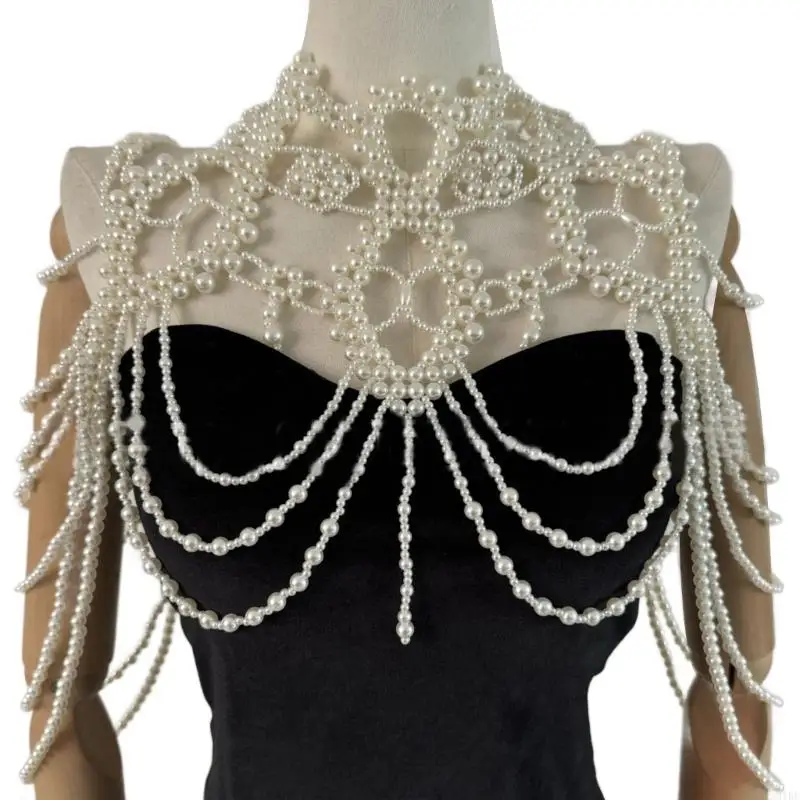 

31BF Sophisticated Multi Layer Necklace Beaded Chest Chain Gift Feature Faux Pearls