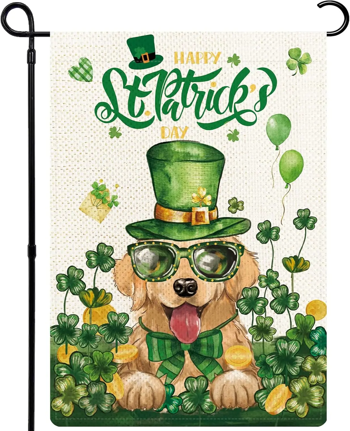 Golden Retriever St. Patricks Day Garden Flag 12x18 Double Sided, St Patricks Day Clovers Dog Yard Flag, Burlap Welcome Spring H