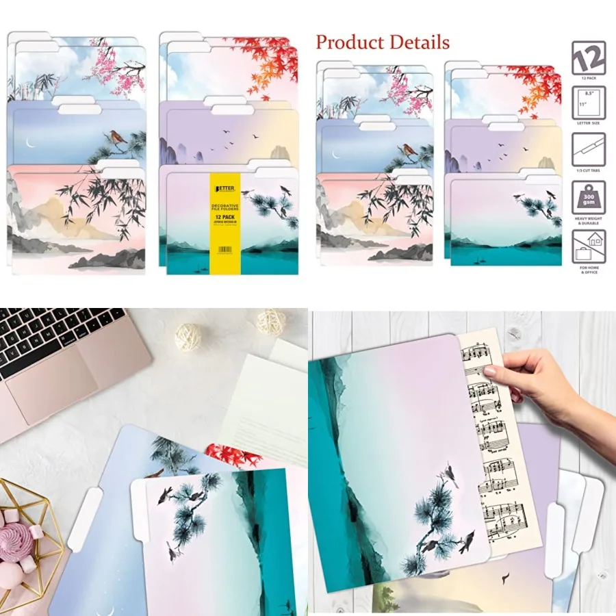 

Улучшите свою рабочую пространство с помощью 12 декоративных папок для файлов в упаковке с 6 уникальными японскими акварельными дизайнами и надписью S.