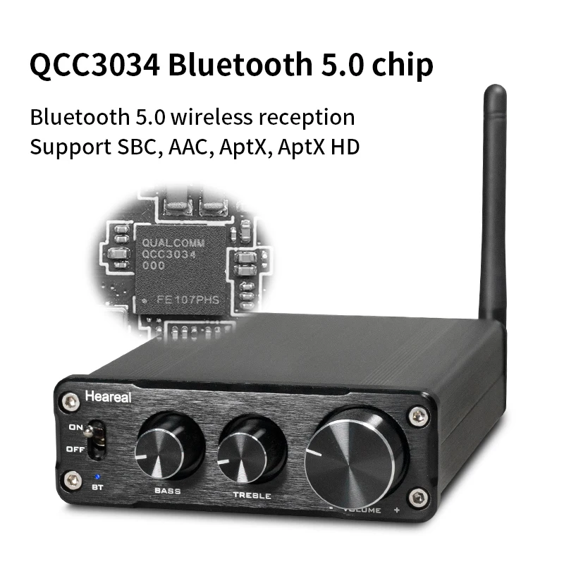 Bluetooth 5.0 Stereo Amplifier, QCC3034 AptX HD HiFi Amp with Bass Treble Control for Passive Speakers