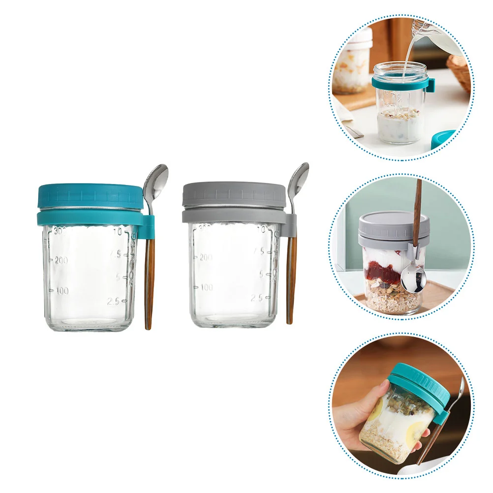 2 Sets Food Containers with Lids Overnight Oats Cups Breakfast Mason Salad Jars Yogurt Spoon and for Portable