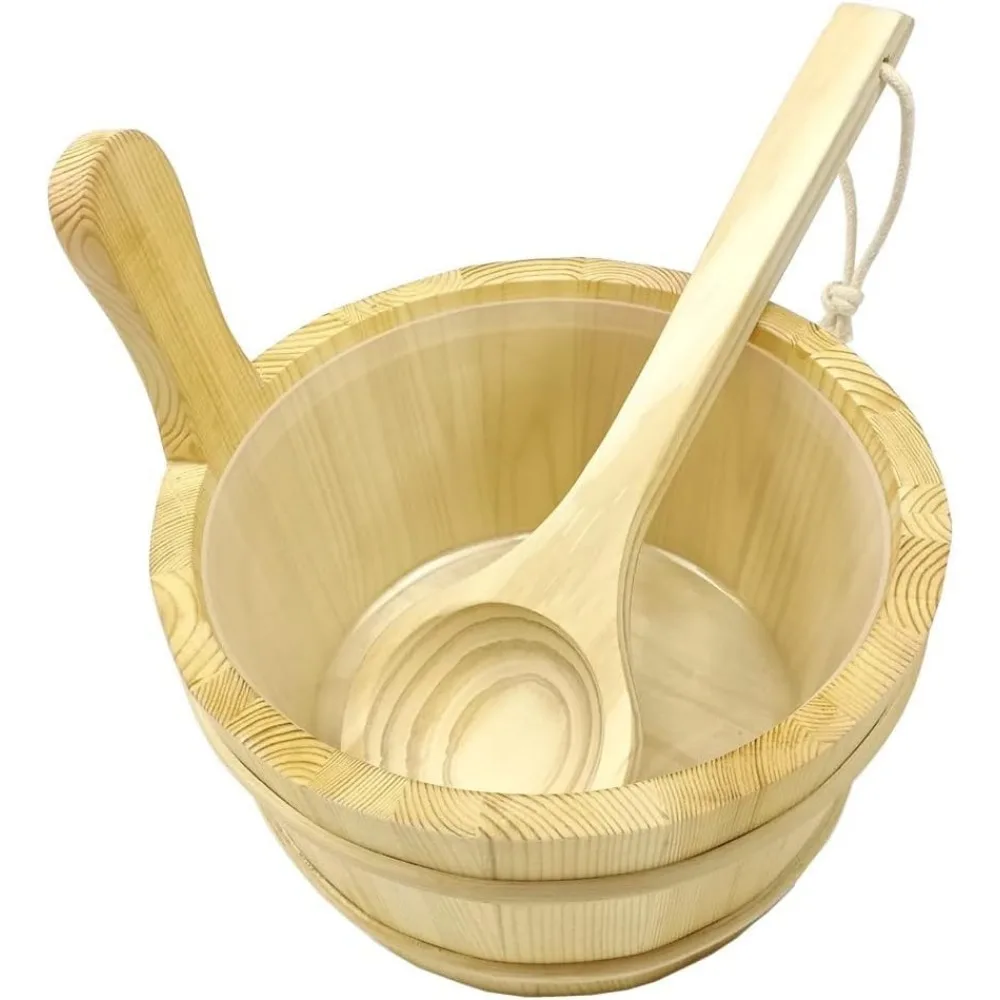 

Sauna Bucket and Ladle Set Handmade Wooden Accessories with Plastic Liner Wood Handle for Steam Room