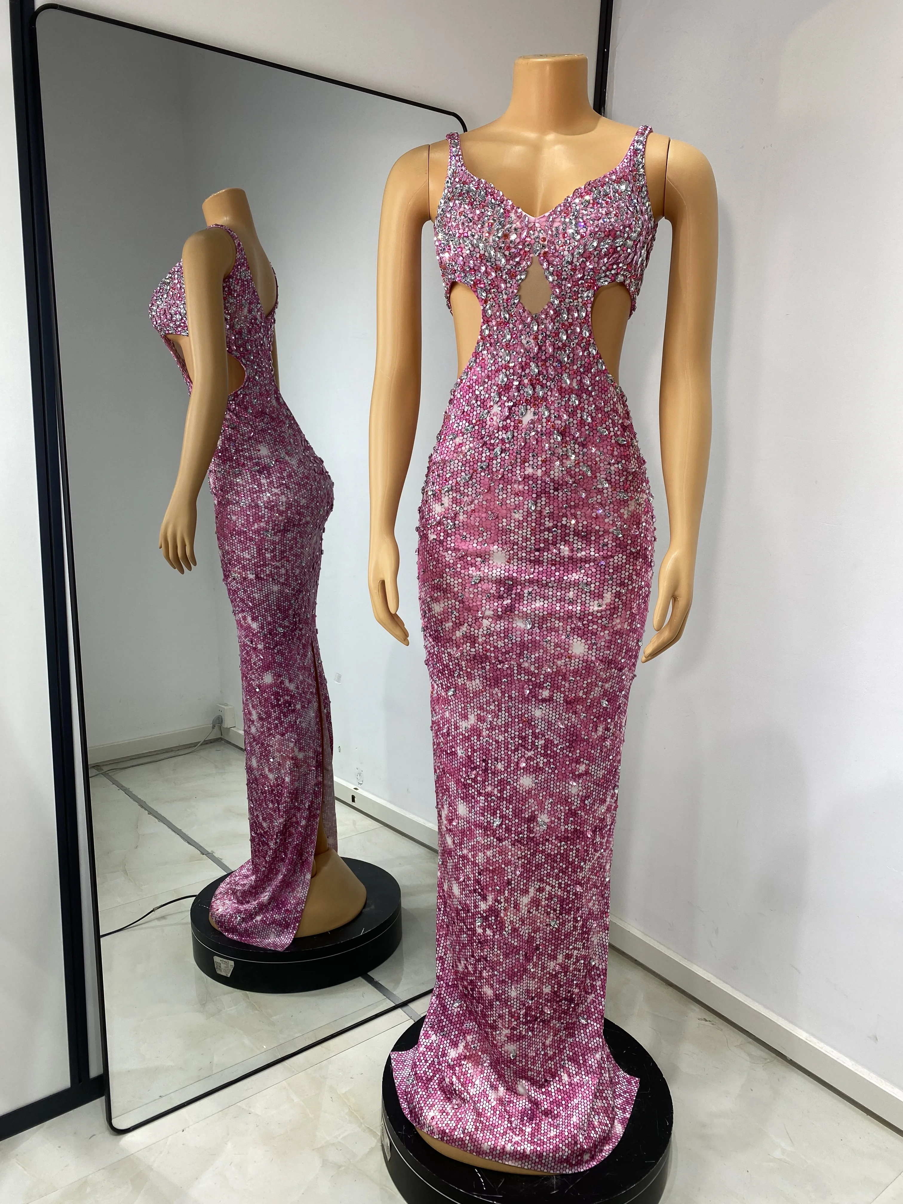 Frauen Luxus Rosa Sparkly Strass Gedruckt Cut Out V-ausschnitt Bodycon Langes Kleid Ein Stück Promi Abend Party Gala Kleider