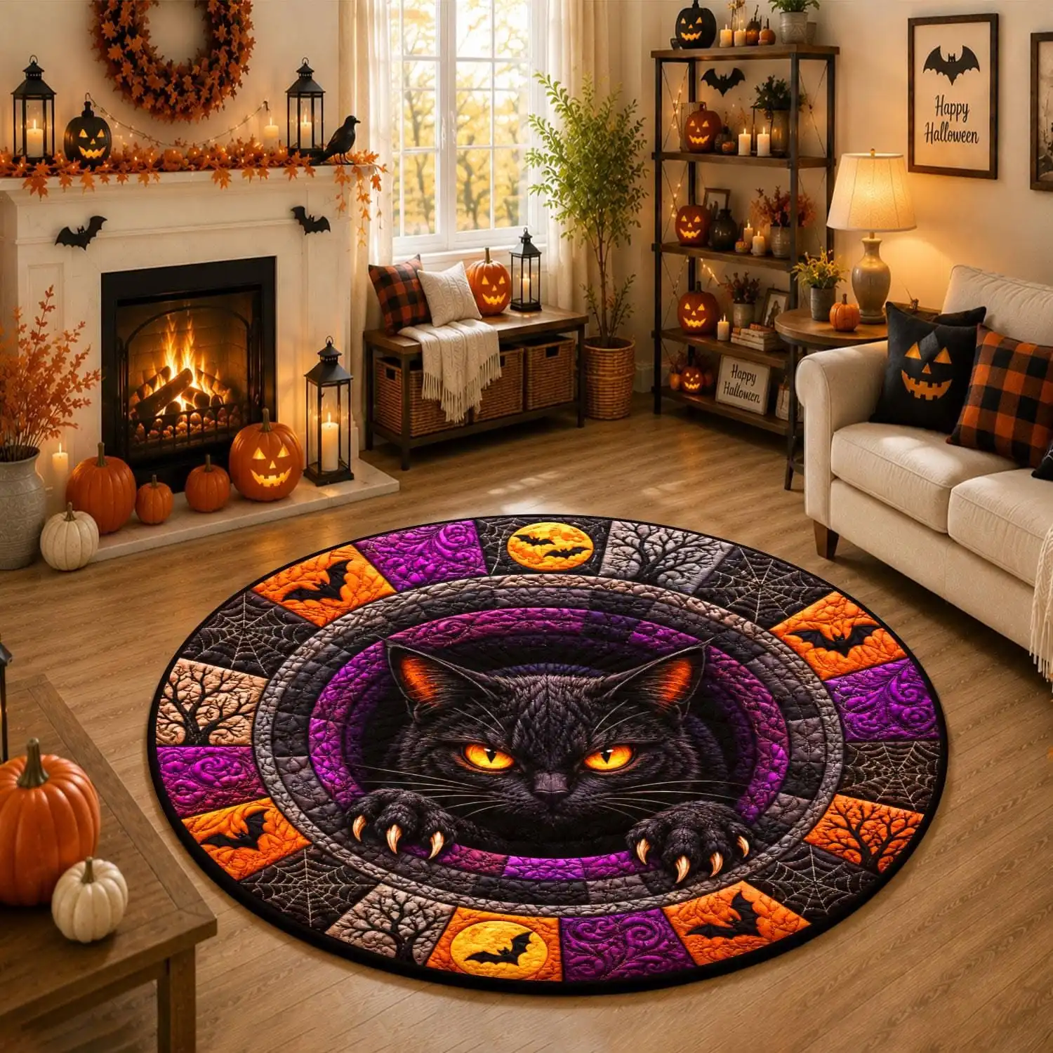 Round Area Rug Space Rocket Planets Moon Stars Design Print for Living Room Home Decor