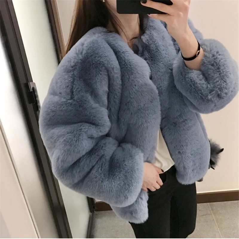 Women Faux Rex Rabbit Fur Coats Solid Short Jackets Round Neck Long Sleeves Covered Button Straight Casual 2026 Autumn Winter