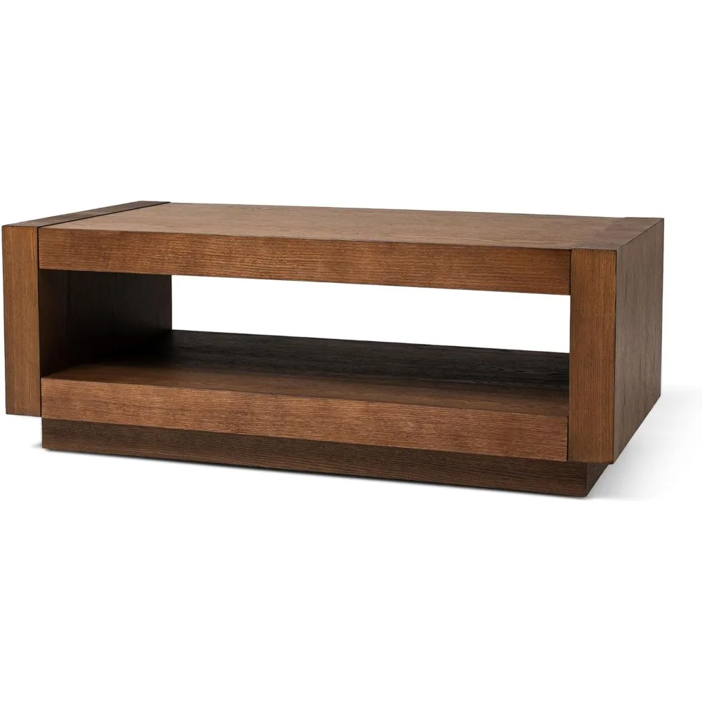 Large 2 Tier Contemporary Rectangle Wooden Center Coffee Table with Shelf Storage for Living Room in Refined Brown Finish