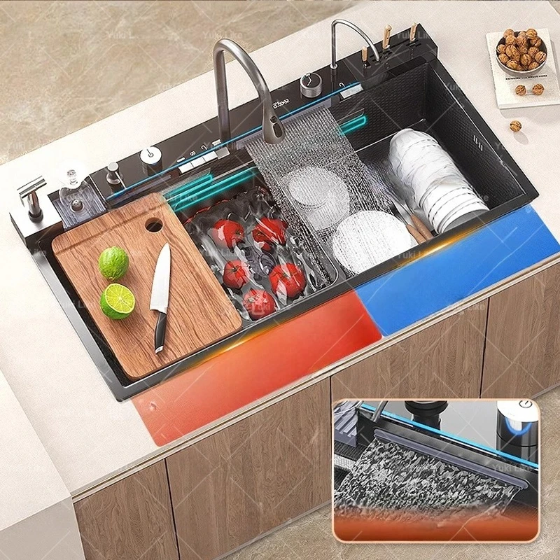 

Кухонная мойка из нержавеющей стали с водопадом, цифровым дисплеем, многофункциональная, большая, с одним отсеком, различные типы моек