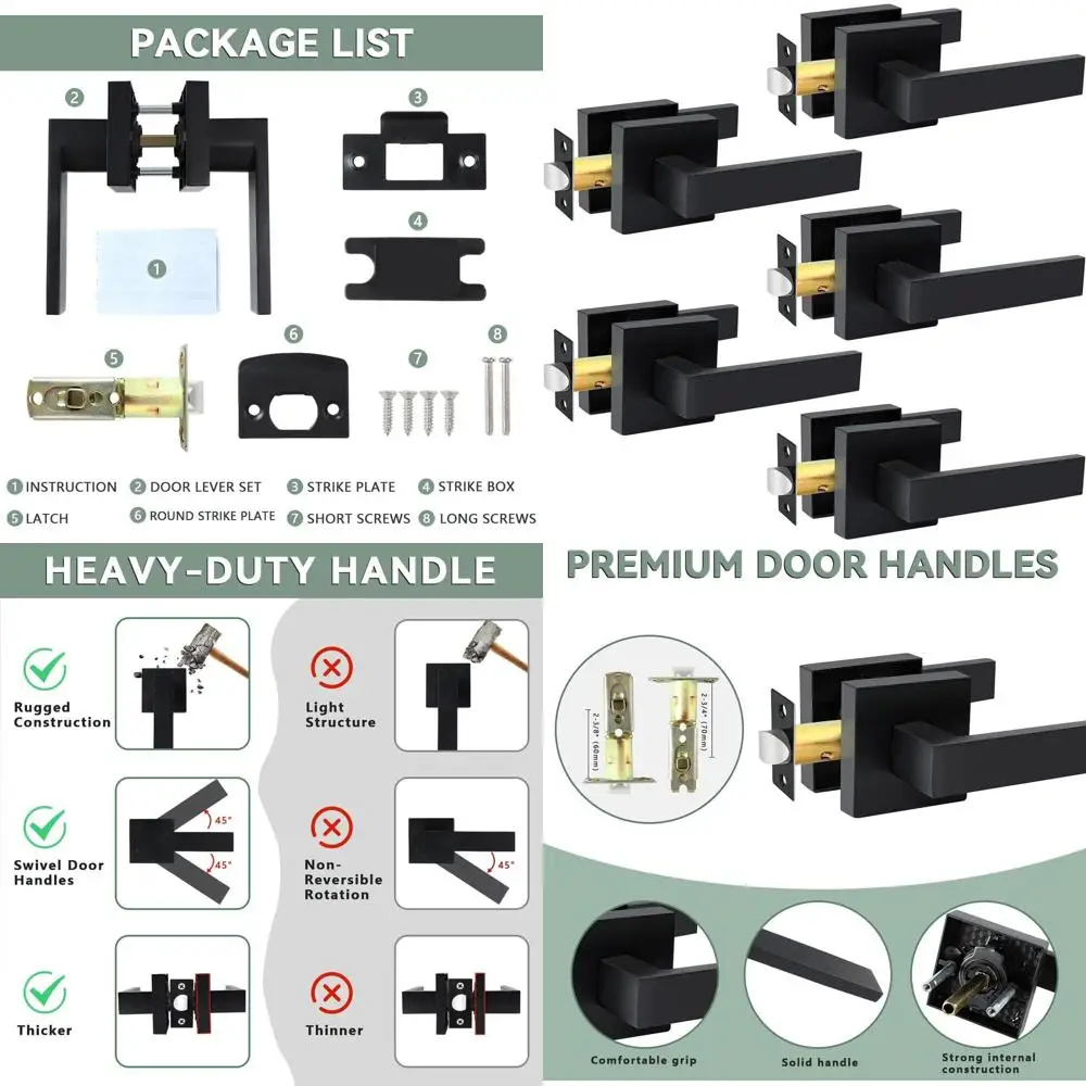 

5-Pack Black Heavy-Duty Square Keyless Door Handles for Non-Locking Applications in Closets, Hallways, and Conference Rooms