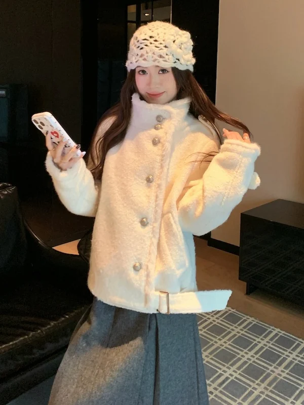 

Шерстяное пальто большого размера с полосатыми вставками, модный универсальный дизайн, корейский стиль, свободный крой, короткая куртка