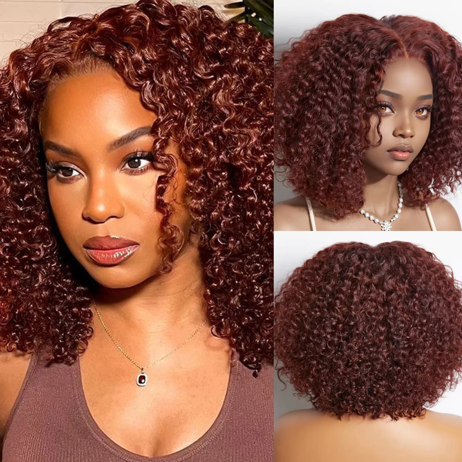

13x4 HD Transparent Lace Wigs 210 Density Deep Wave Short Human Hair Wig Reddish Brown Colored Bob Wig 12 Inch Short Curly Wigs