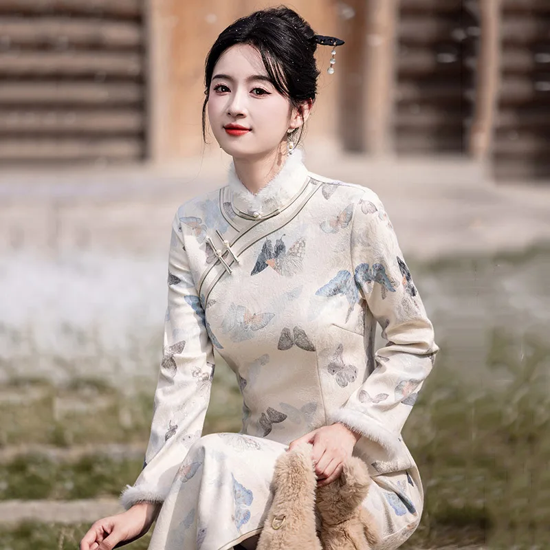 Yourqipao Winter Fleece-Lined Thickened Long Modified Cheongsam Retro Elegant Party Qipao Chinese Style Evening Dress for Women